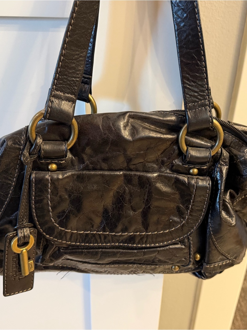 Fossil Dark Brown Leather Shoulder Bag with Brass Hardware